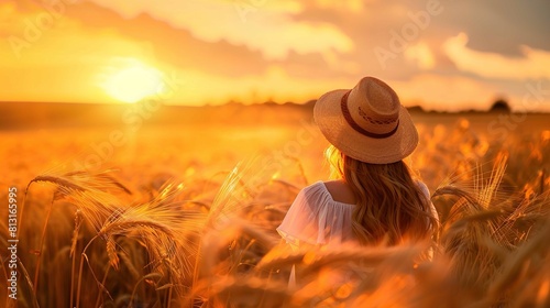 The photograph captures a woman from behind as she stands amidst a field of golden wheat. The sun is setting on the horizon, casting a warm, golden light across the scene. The woman is wearing a wide- photo
