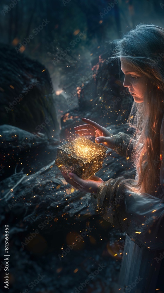 A young woman with long blonde hair stands in a dimly lit, fantastical woodland setting. She is gazing intently at an ornate, antique box held in her hands, which appears to be glowing and emitting br A young woman with long blonde hair stands in a dimly lit, fantastical woodland setting. She is gazing intently at an ornate, antique box held in her hands, which appears to be glowing and emitting br