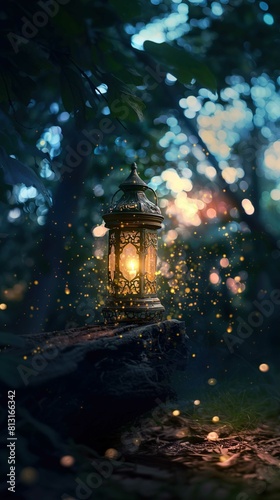 A vintage lantern with intricate metalwork design is perched on a weathered wooden surface, emitting a warm glowing light. The lantern is surrounded by a mystical forest setting with rich green leaves