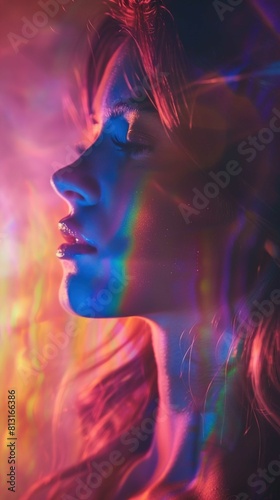 The image features a close-up profile of a person's face illuminated by vibrant lights that cast a spectrum of neon colors across their features. The individual's eyes are closed, and their eyelashes 