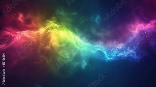 The image is a vibrant abstract digital artwork, resembling a cosmic scene or a nebula. It features an array of vivid colors including red, yellow, green, blue, and purple in a smooth gradient, creati