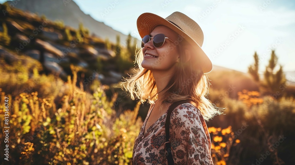 A woman is featured outdoors during what appears to be golden hour ...