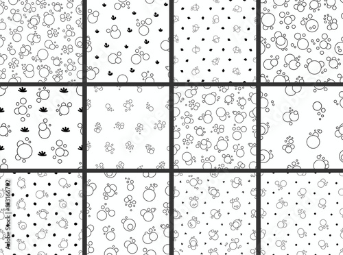 Flying soap bubbles shapes. Seamless pattern. Coloring Page. Bath, shampoo, shaving. Hand drawn style. Vector drawing. Collection of design ornaments.