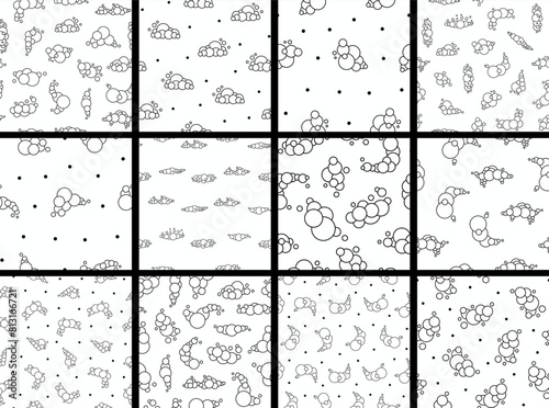 Soap foam set with bubbles. Seamless pattern. Coloring Page. Suds of bath, shampoo, shaving, mousse. Cloudy frame and corner. Hand drawn style. Vector drawing. Collection of design ornaments.