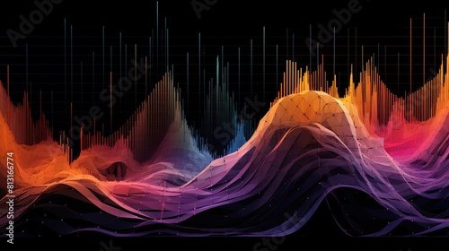 The image displays an abstract visualization of a data landscape or a digital terrain map, resembling a colorful, undulating fabric stretched across a grid. The pattern is rendered with peaks and vall photo
