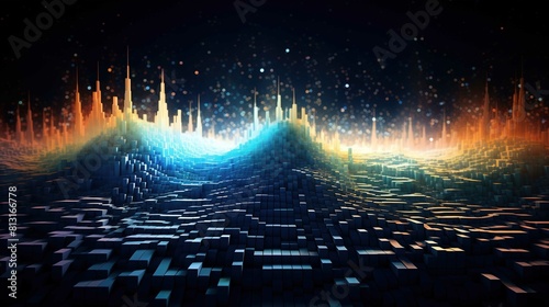 The image presents a vibrant digital landscape that resembles an abstract representation of sound waves or data visualization. In the foreground, there are countless small, dark blue blocks creating a