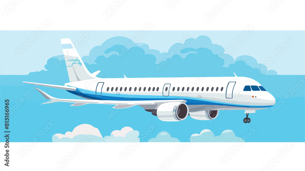 Realistic white airplane flying in blue sky with cl