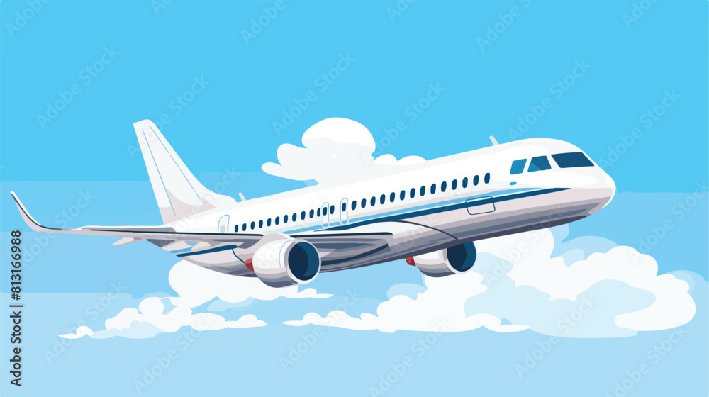 Realistic white airplane flying in blue sky with cl