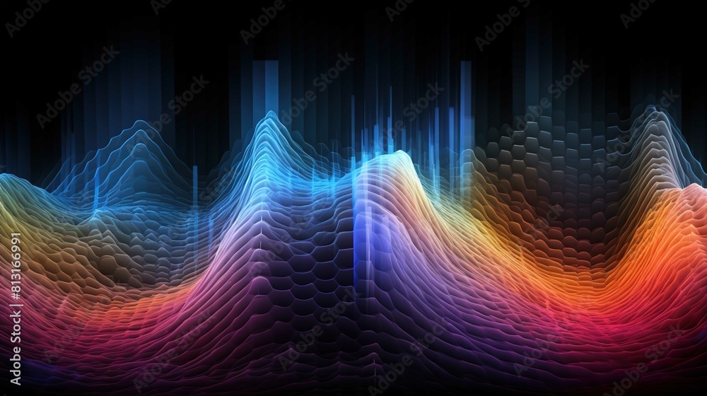 The image displays a vibrant digital art piece that simulates a dynamic and colorful landscape. It appears to resemble a three-dimensional waveform graph, with a smooth transition from deep blues on t
