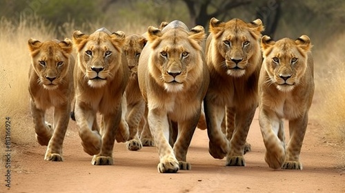 Five lions are walking directly towards the camera in a staggered formation. The setting appears to be a dusty road or trail with dry, grassy savannah on either side. Each lion is looking at the camer photo
