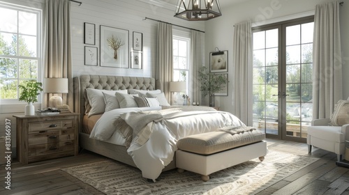 Step Into A Modern Farmhouse Bedroom Rendered In 3D, A Serene Retreat With Rustic Charm And Contemporary Flair