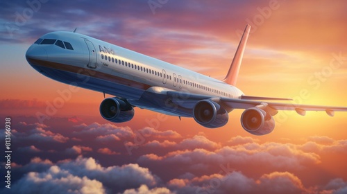 The image shows a commercial airplane in flight against a backdrop of a dramatic sunset sky. The aircraft is depicted from a side perspective, with its left wing leading into the frame. It is painted  photo