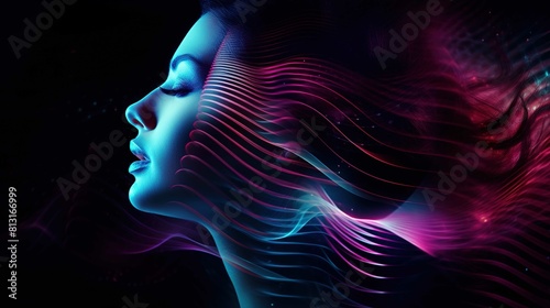 The image features a side profile of a woman's face subtly blended with vivid digital art. Her skin exudes a smooth, metallic blue tone that gives way to a flowing array of neon pink and purple lines, photo