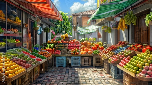 A vibrant food market with various stalls displaying an assortment of exotic fruits and vegetables under colorful awnings.