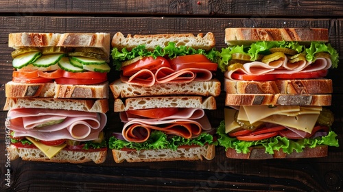 A variety of mouth-watering sandwiches with assorted fillings beautifully arranged on a rustic wooden table. Generative AI photo