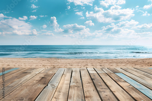 Wooden floor on the beach with blue sky and cloud background. Generative AI