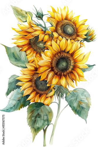 Yellow sunflowers bouquet isolated on transparent background.