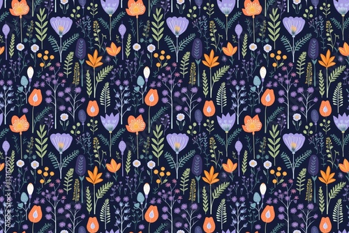 Seamless botanical pattern with varied flowers and leaves on a dark background. Healing Garden.