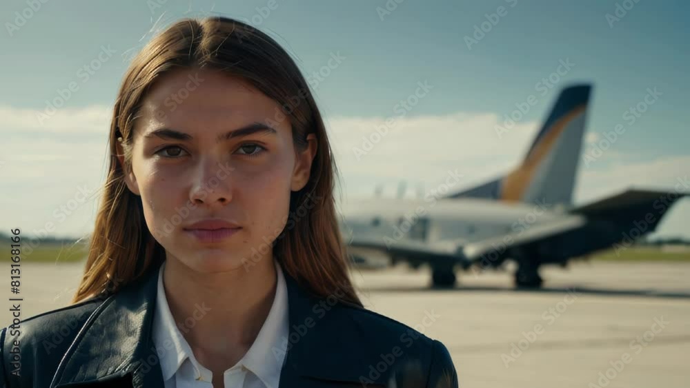 Portrait of a woman standing outside in front of airplane and smiling at camera, Airport ground crew at work Portrait of a woman standing outside in front of airplane and smiling at camera, Airport ground crew at work