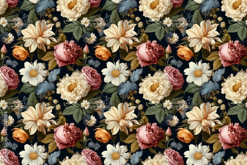 Elegant vintage floral pattern with a variety of blooming roses on a dark background. Historical Bouquet inspired by a specific historical period