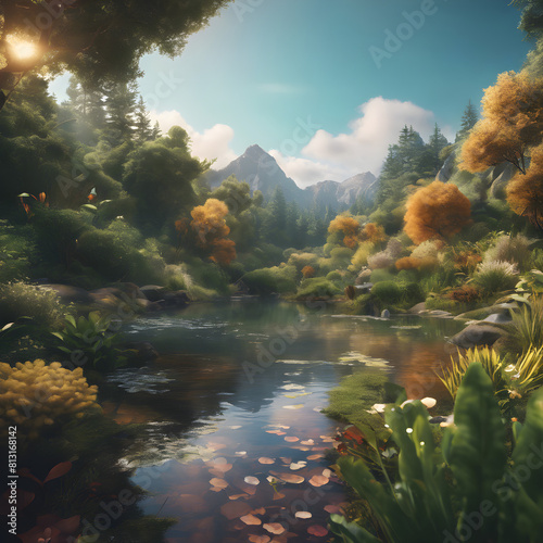 Vivid digital illustration of a lush tropical rainforest scene covered with vibrant green foliage © Priscilla