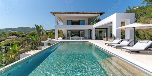 A modern villa is showcased for sale featuring luxurious amenities and stunning ocean views