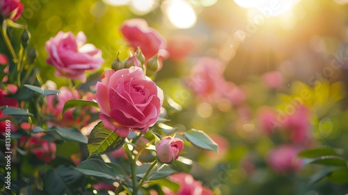 Vibrant Pink Roses Blooming in Sunlit Garden  Depicting Freshness and Natural Beauty with a Soft-Focus Background. Perfect for Spring and Romance Themes. AI