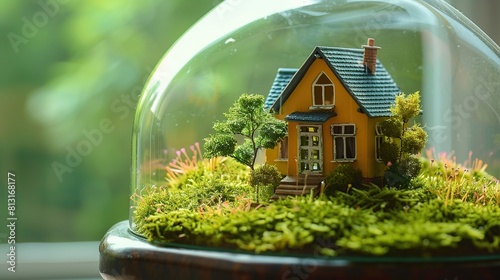 small toy house under the glass with moss and grass around. Generative Ai