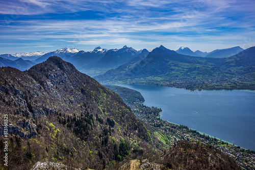 Wonderful views on a walk above the picturesque Lake Annecy. Route along the ridge from Mont Veyrier to Mont Baron from Annecy. Annecy, Haute-Savoie, France. © dbrnjhrj