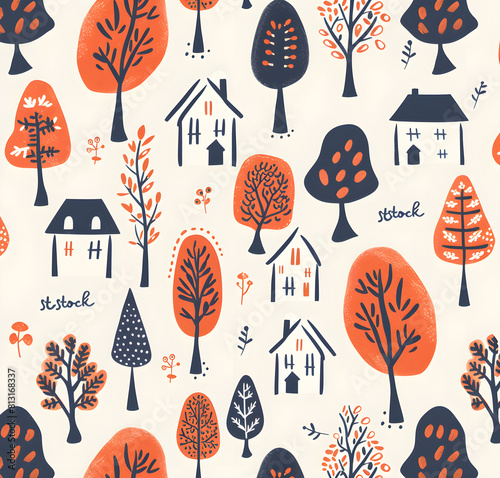 Scandinavian style seamless pattern with simple trees, houses and flowers in peach color on a beige background, a vector illustration in the style of flat design with detailed, seamless texture pastel