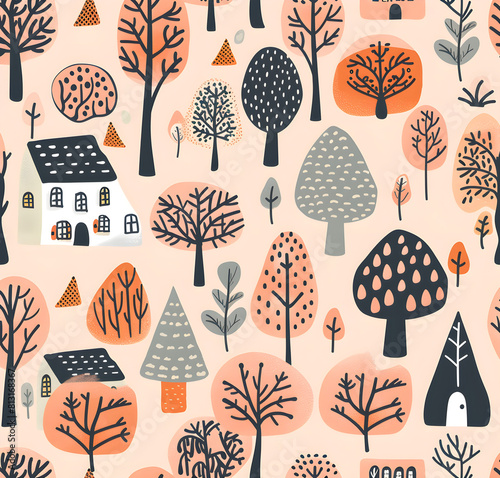 Scandinavian style seamless pattern with simple trees, houses and flowers in peach color on a beige background, a vector illustration in the style of flat design with detailed, seamless texture pastel