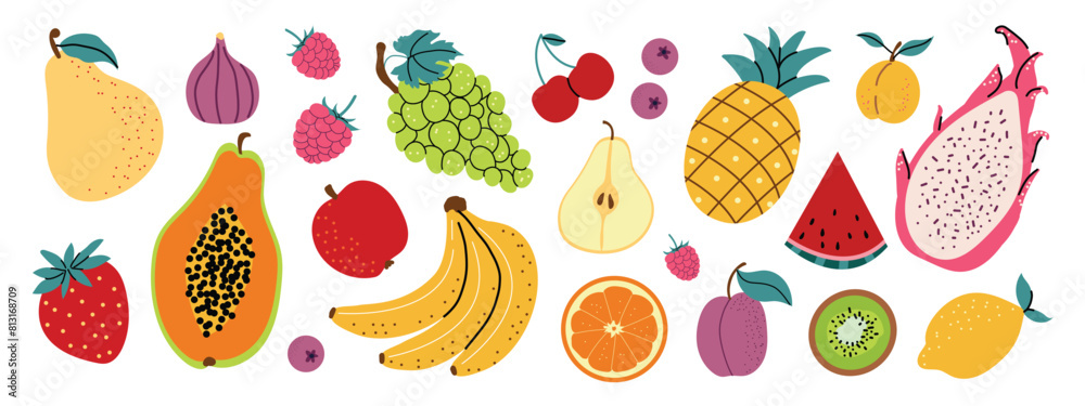 Collection of colorful fruit in a hand-drawn style. Seasonal fruits and berries. Vector illustration in flat style. Horizontal banner with white isolated background. Collection of colorful fruit in a hand-drawn style. Seasonal fruits and berries. Vector illustration in flat style. Horizontal banner with white isolated background.