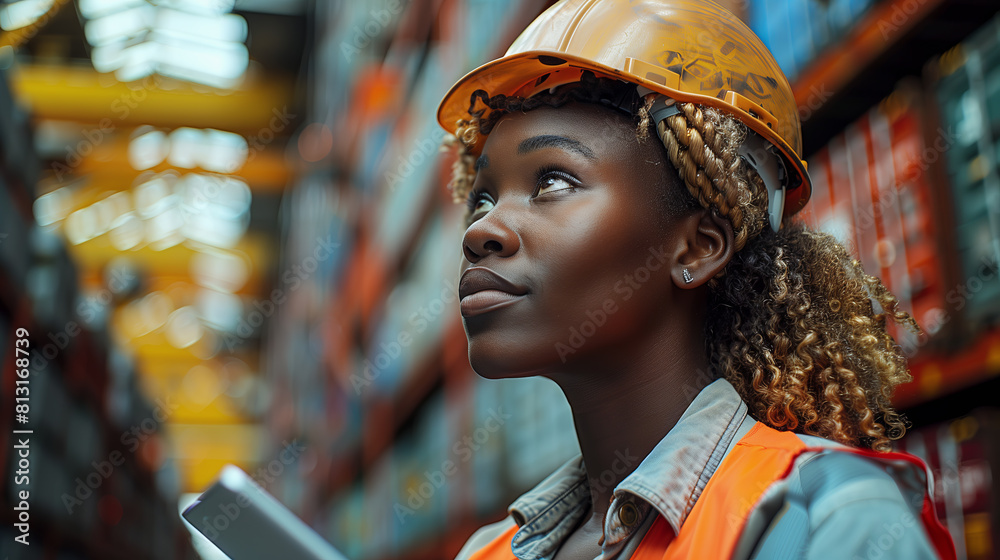 Confident black female inspector standing in front of cargo containers in warehouse. Confident black female inspector standing in front of cargo containers in warehouse.