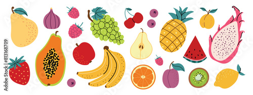 Collection of colorful fruit in a hand-drawn style. Seasonal fruits and berries. Vector illustration in flat style. Horizontal banner with white isolated background.