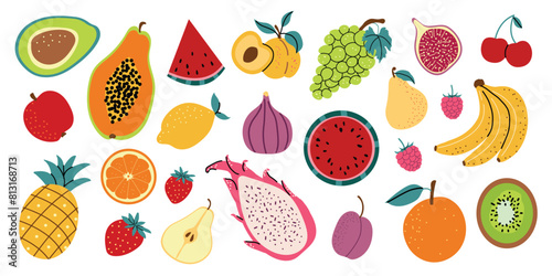 Vector set of fruits and berries. Collection of organic vitamins and healthy nutrition. Banana, strawberry, papaya, kiwi, apricot, orange. Hand drawn style, isolated white background.