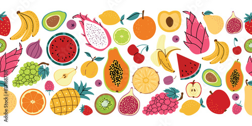 Seamless vector fruit banner. Hand drawn fruit set. Vector various fruits and berries. Banana  kiwi  pineapple  pear  lemon  avocado. Horizontal banner with white isolated background.