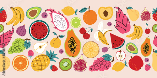 Seamless fruit background. Large collection of different fruits and berries. Banana, kiwi, pineapple, pear, lemon, avocado. Vector illustration. Horizontal banner with isolated background. © Hanna Perelygina