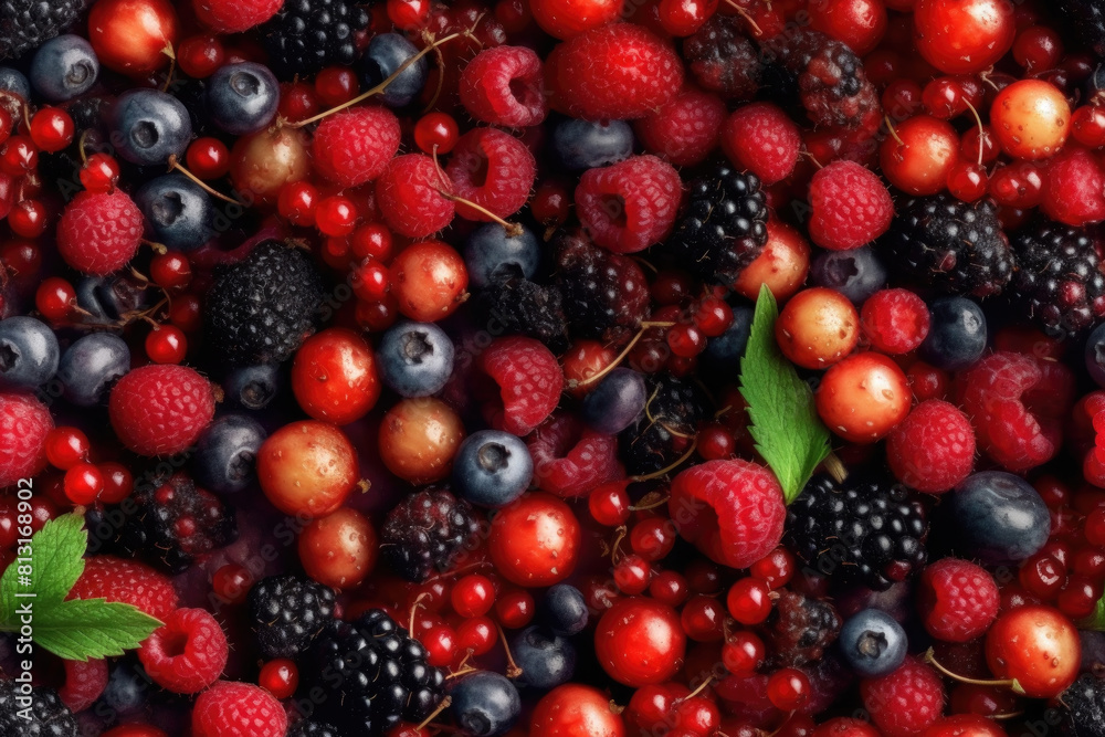 A detailed view of vibrant berries and green leaves, showcasing the intricate textures and colors in nature A detailed view of vibrant berries and green leaves, showcasing the intricate textures and colors in nature