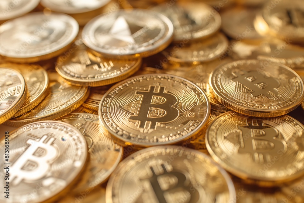 Pile of bitcoin cryptocurrency coins closeup Pile of bitcoin cryptocurrency coins closeup