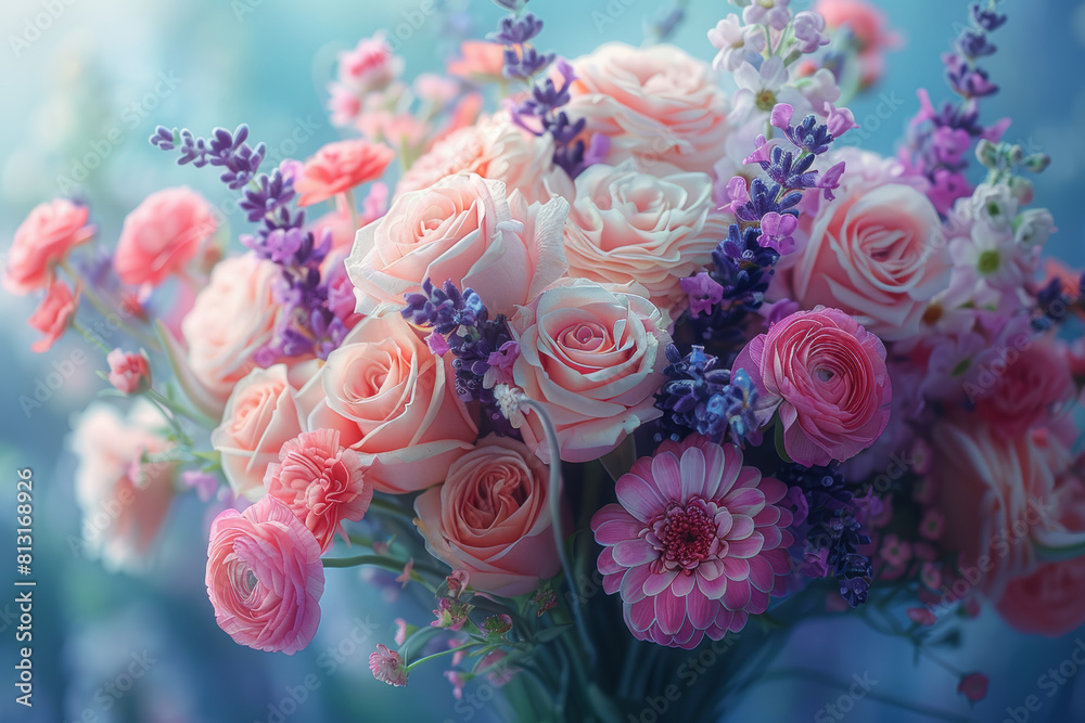 The soft, romantic tones of lavender and blush, setting a mood of romance and intimacy. Concept of bridal bouquets. Generative Ai. The soft, romantic tones of lavender and blush, setting a mood of romance and intimacy. Concept of bridal bouquets. Generative Ai.