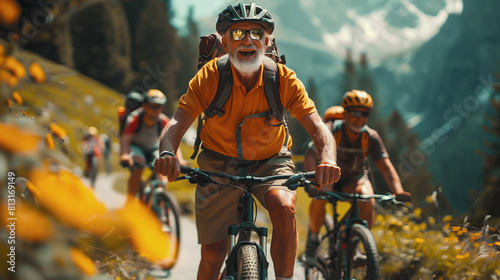 Happy old men cycling mountain bikes on a sunny day © Ravil Sayfullin