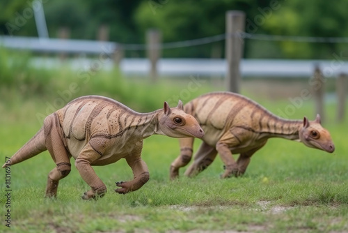 Two small dinosaurs  resembling velociraptors  are sprinting across a lush green field in a prehistoric setting