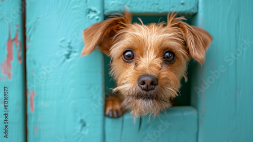 A curious Yorkshire Terrier puppy peeks out a window photo