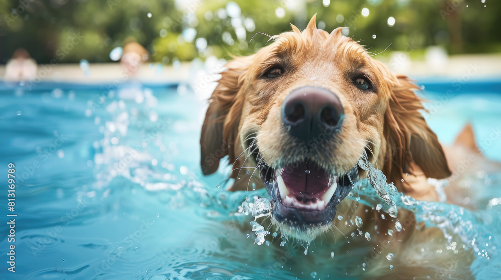 A golden retriever dog energetically swimming in a clear blue pool on a sunny day