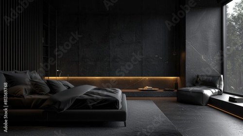 Step Into The Modern Style Black Bedroom Interior With An Empty Wall, Offering A Sleek And Sophisticated Backdrop For Relaxation And Contemplation