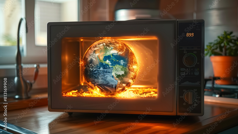 A white stove with a fireplace sits in a modern kitchen, next to a black digital microwave with a display screen A white stove with a fireplace sits in a modern kitchen, next to a black digital microwave with a display screen