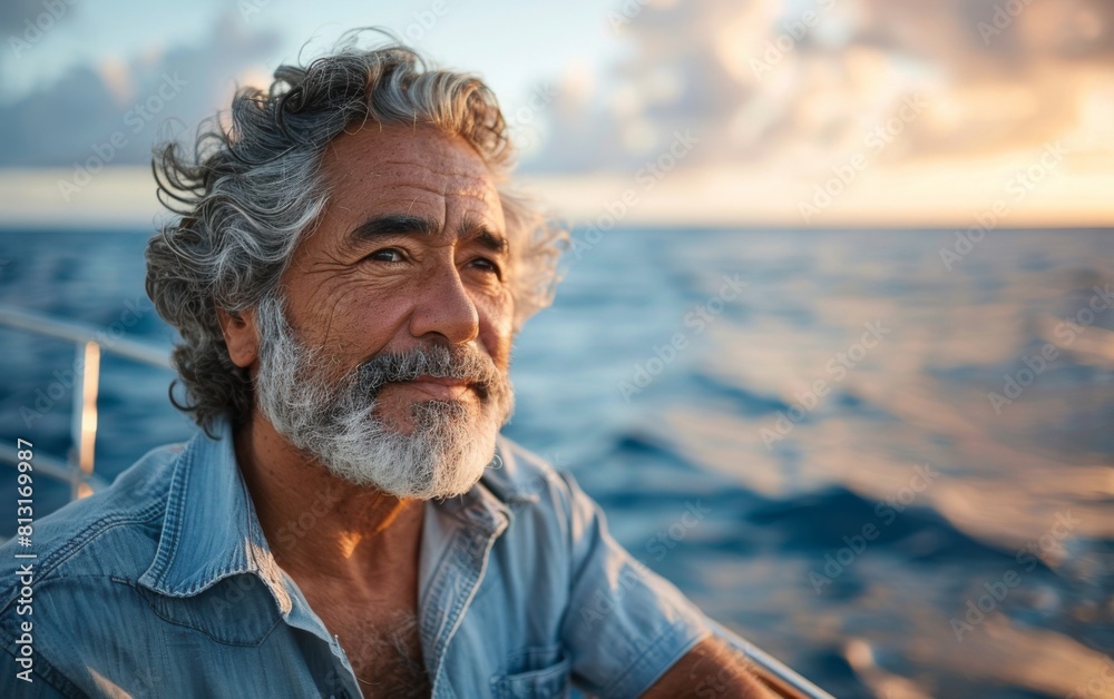 A man with a beard and gray hair is smiling at the camera while sitting on a boat. The scene is peaceful and serene, with the man enjoying the view of the water A man with a beard and gray hair is smiling at the camera while sitting on a boat. The scene is peaceful and serene, with the man enjoying the view of the water