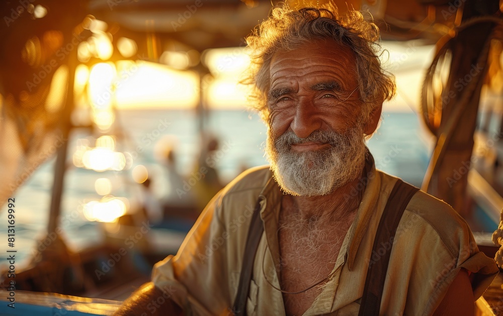 A man with a beard and a mustache is smiling at the camera. He is wearing a brown shirt and suspenders