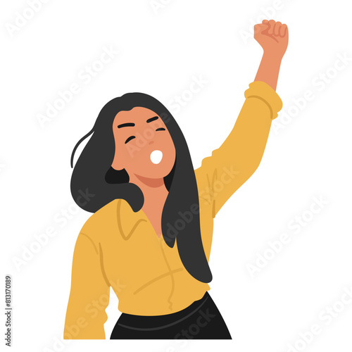 Woman With Long Black Hair Raising Her Fist In A Powerful, Motivational Stance. Aggressive Female Character