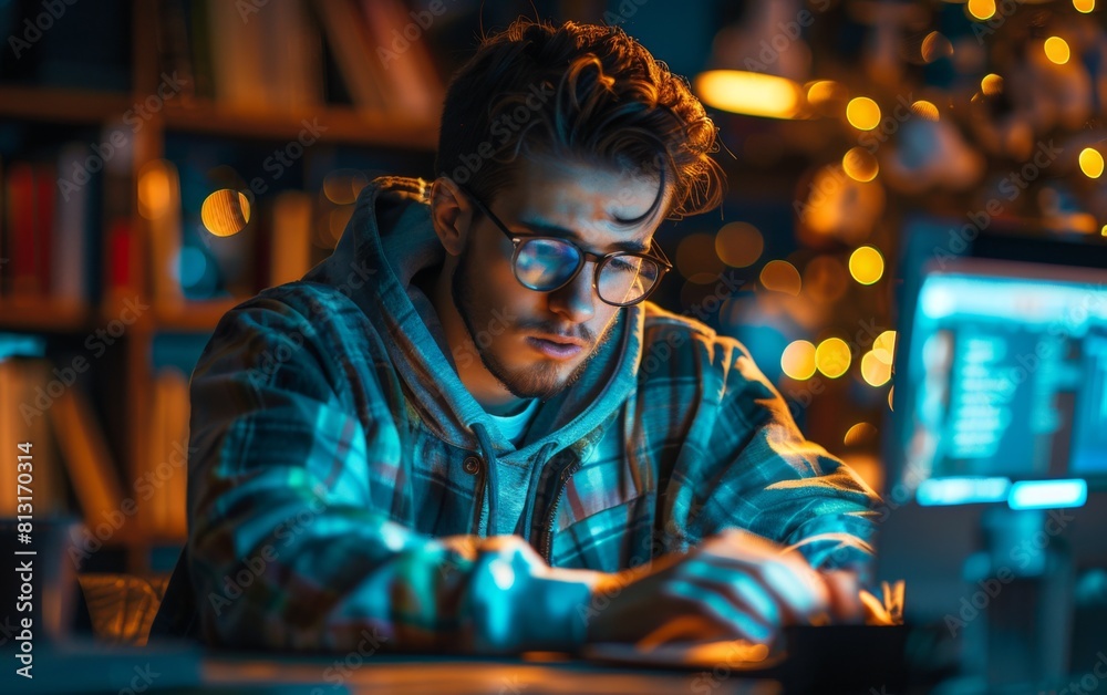 A man is sitting at a desk with a laptop in front of him. He is wearing glasses and a plaid jacket. The room is dimly lit, and there are several books scattered around the area A man is sitting at a desk with a laptop in front of him. He is wearing glasses and a plaid jacket. The room is dimly lit, and there are several books scattered around the area